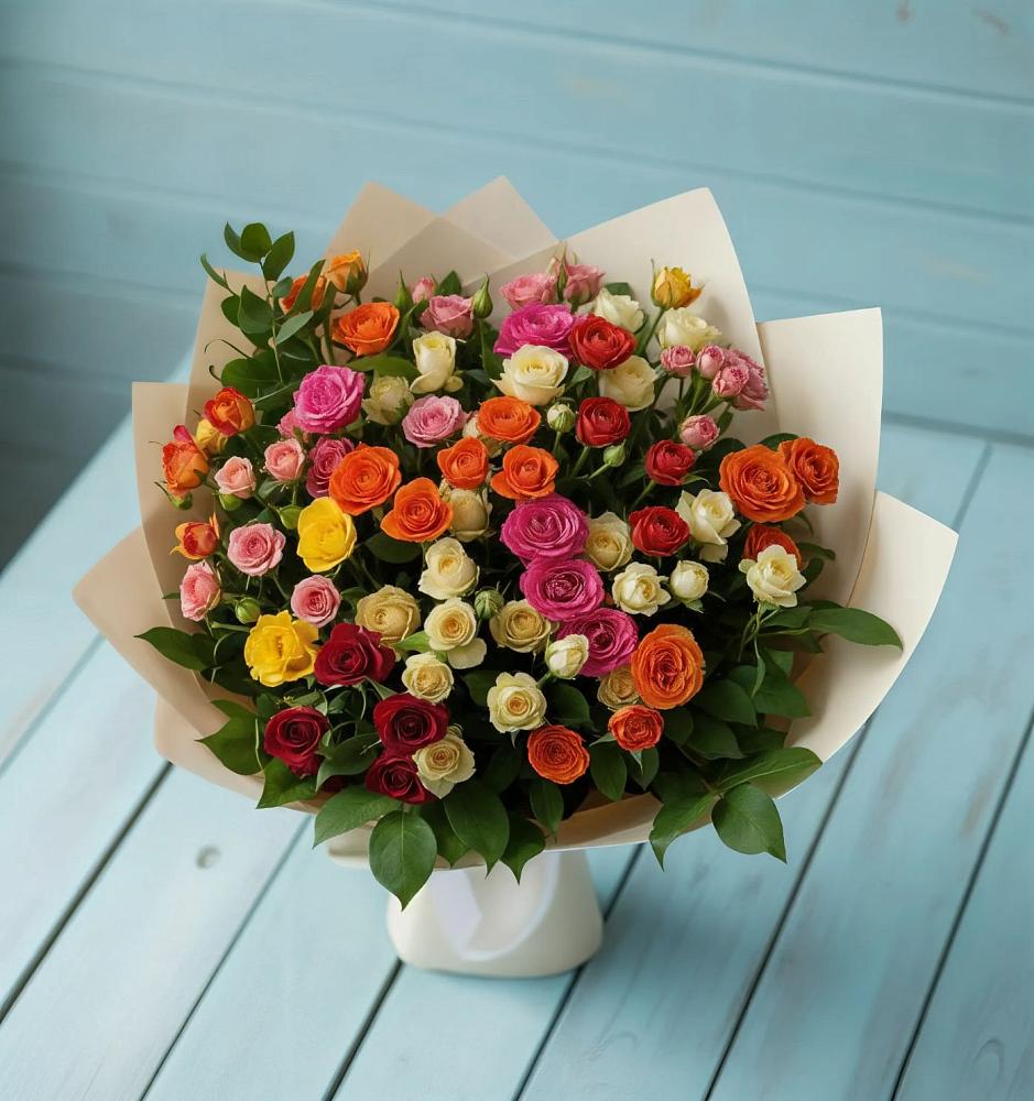 Букет Микс из разноцветных кустовых роз в Орлове Кировская область